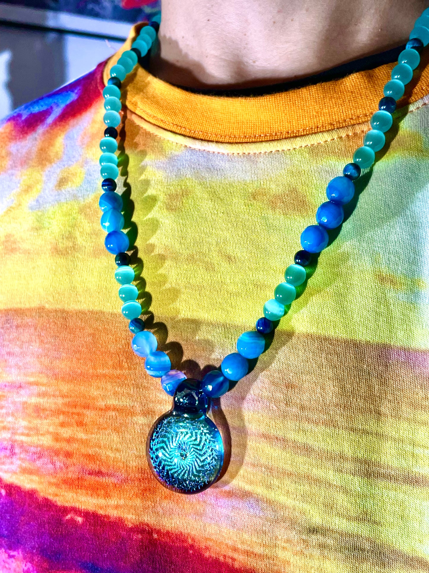 Agate and Blue Cat’s Eye UV Dichro Necklace